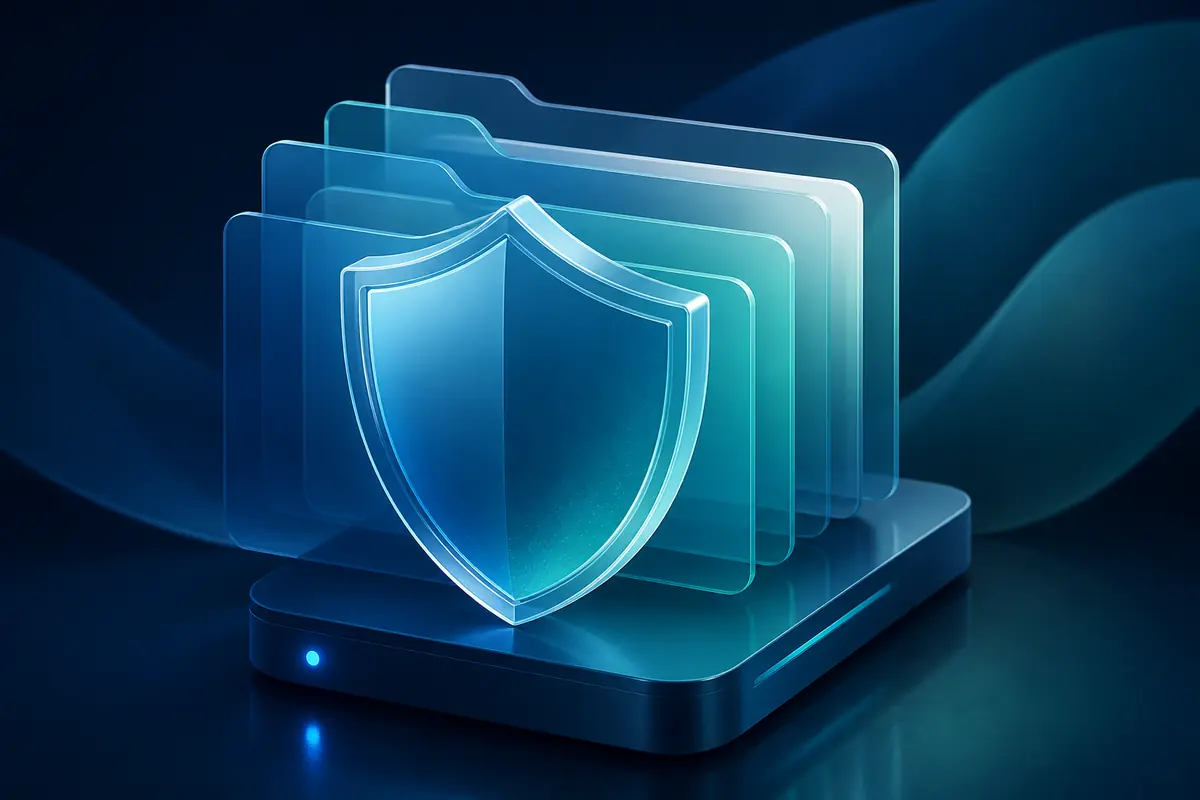 Abstract illustration of a shield protecting layered file cards above a storage drive